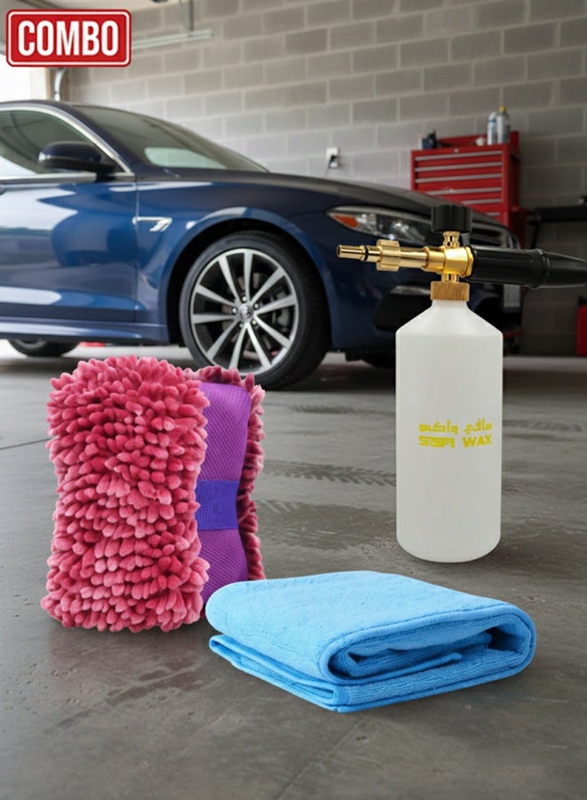 مجموعة غسيل السيارات المتكاملة: مسدس رغوة سعة 1000 مل، زجاجة رغوة ثلجية، قفاز غسيل من ألياف الشنيل الدقيقة مقاوم للخدش، منشفة تنظيف من الألياف الدقيقة للسيارات والدراجات والزجاج والمطابخ والحمامات، لتلميع وتشميع السيارات والدراجات والزجاج، مثالية للاستخدام المنزلي والمكتبي. - Image 1